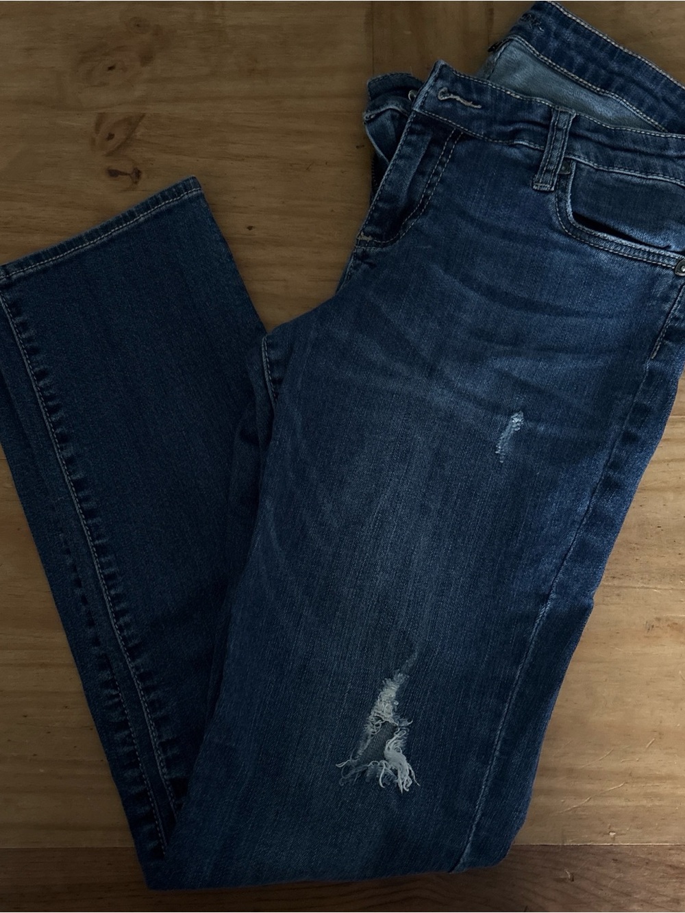 Kut from the Kloth Dark Blue Straight Leg Jeans with Distressed Detail